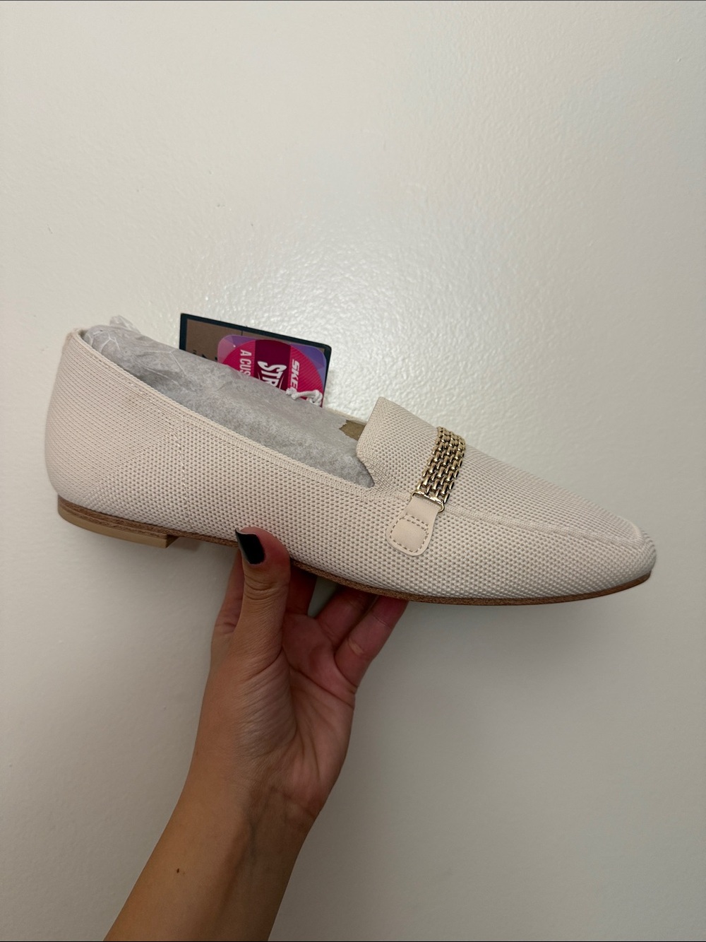 Skechers Women's Cream Slip-On Loafers with Gold Chain Accent